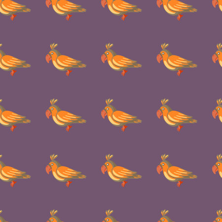 Orange parrots silhouettes seamless doodle pattern. Purple pastel background. Zoo exotic backdrop. Perfect for fabric design, textile print, wrapping, cover. Vector illustration.のイラスト素材