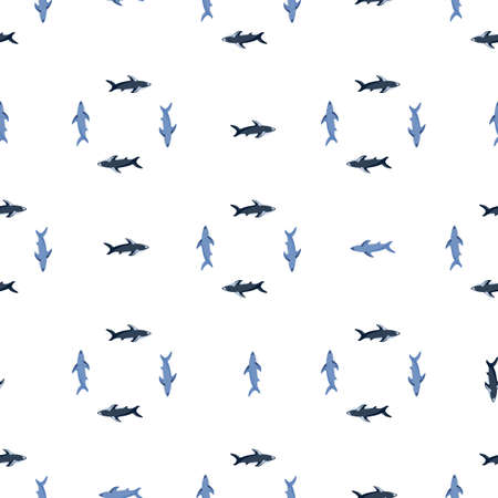 Isolated seamless pattern in geometric style with blue simple shark shapes. White background. Designed for fabric design, textile print, wrapping, cover. Vector illustration.のイラスト素材