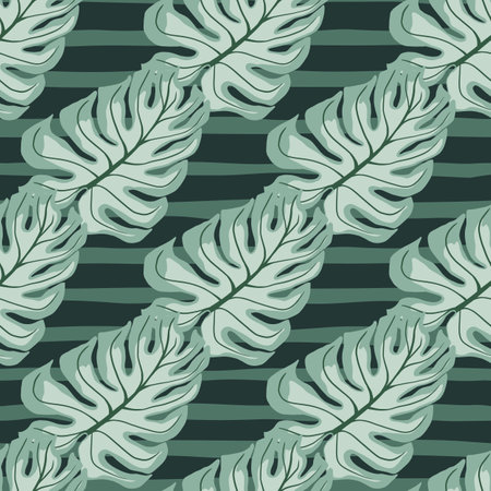 Pale tones seamless pattern with blue monstera leaves shapes. Green striped background. Decorative backdrop for fabric design, textile print, wrapping, cover. Vector illustration.のイラスト素材