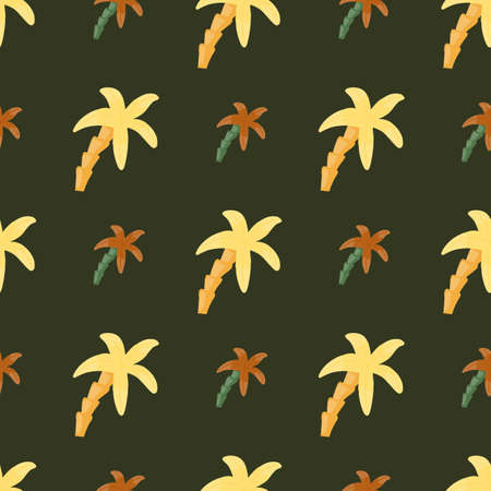 Orange and yellow colored palm tree elements seamless pattern. Brown background. Nature artwork....