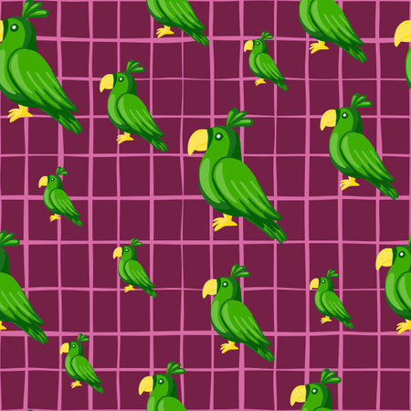 Random green parrots silhouettes seamless doodle pattern. Purple bright checkered background. Perfect for fabric design, textile print, wrapping, cover. Vector illustration.のイラスト素材