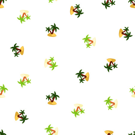 Isolated seamless pattern with green and navy blue palm tree and island silhouettes. White background. Designed for fabric design, textile print, wrapping, cover. Vector illustration.のイラスト素材