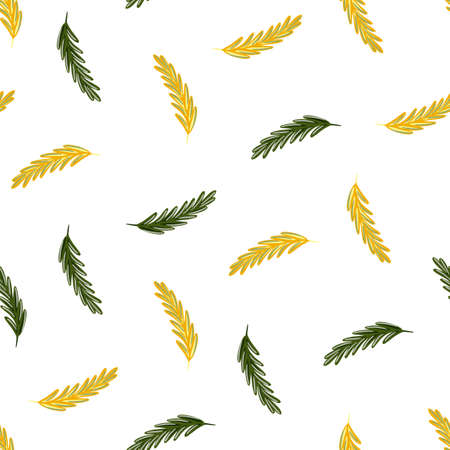 Herbal seamless pattern with green and yellow rosemary shapes. White background. Isolated print. Perfect for fabric design, textile print, wrapping, cover. Vector illustration.のイラスト素材
