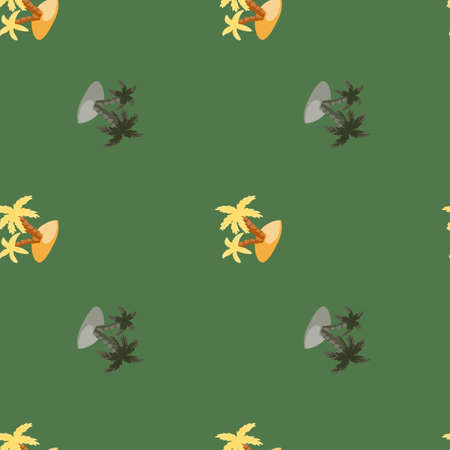 Decorative seamless hawaii pattern with doodle island and palm tree print. Green pale background....