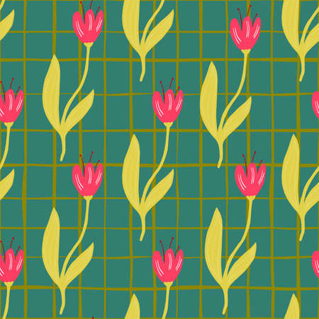 Vintage tulip seamless pattern on lines background. Nature wallpaper. For fabric design, textile print, wrapping, cover. Simple vector illustration.のイラスト素材