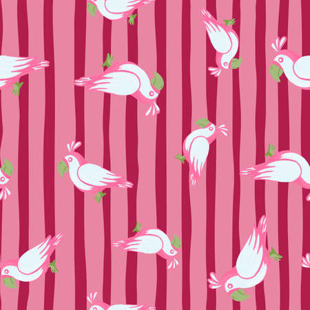Random parrot bird ornament seamless doodle pattern. Pink striped background. Simple funny style....