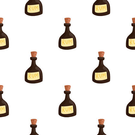 Isolated doodle seamless pattern with brown rum bottle elements. White background. Pub drink backdrop. Designed for fabric design, textile print, wrapping, cover. Vector illustration.のイラスト素材
