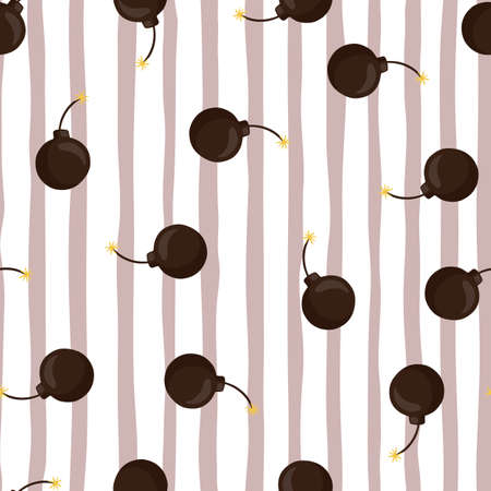 Brown random bomb silhouettes seamless pattern. Purple and white striped background. Comics print. Perfect for fabric design, textile print, wrapping, cover. Vector illustration.のイラスト素材