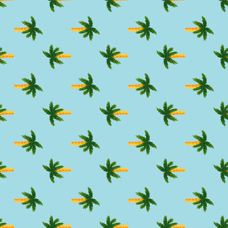 Tropical seamless doodle pattern with green palm tree elements. Blue bright background. Summer...
