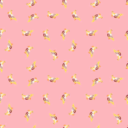 Zoo seamless pattern with random little yellow parrots print. Pink background. Abstract animal backdrop. Designed for fabric design, textile print, wrapping, cover. Vector illustration.のイラスト素材