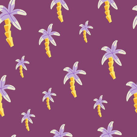 Minimalistic style seamless pattern with doodle palm tree ornament. Bright purple background. Nature...