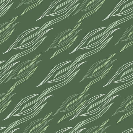 Simple geometric botanical outline shapes seamless pattern on green background. Nature wallpaper. Design for fabric, textile print, wrapping, cover. Vector illustration.のイラスト素材