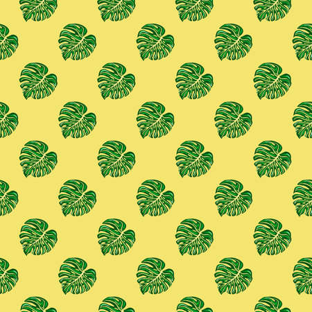 Bright tropical seamless pattern with monstera leaves on yellow background. Botanical foliage plants wallpaper. Exotic hawaiian backdrop. Design for fabric, textile print, wrapping, cover.のイラスト素材