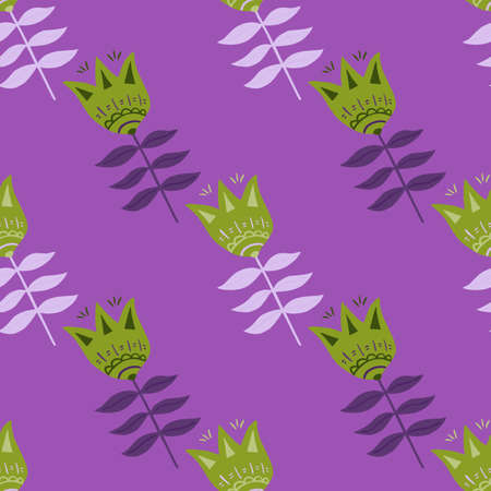 Geometric doodle flower folk art seamless pattern on purple background. Floral nature wallpaper. Folklore style. For fabric design, textile print, wrapping, cover. Simple vector illustration.のイラスト素材