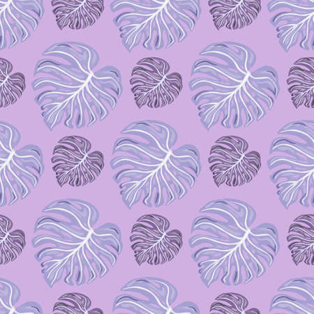 Vintage tropical seamless pattern with monstera leaves on lilac background. Abstract botanical foliage plants wallpaper. Exotic hawaiian backdrop. Design for fabric, textile print, wrapping, coverのイラスト素材