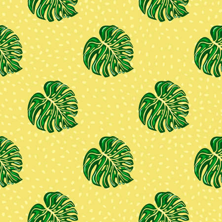 Geometric tropical seamless pattern with monstera leaves on dots background. Botanical foliage plants wallpaper. Exotic hawaiian backdrop. Design for fabric, textile print, wrapping, coverのイラスト素材