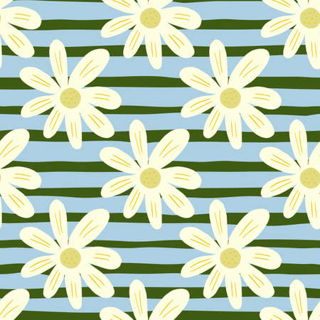 Abstract ditsy flowers seamless pattern on stripes background. Floral ornament. Retro chamomile...