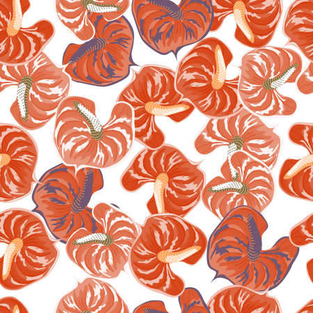 Bright anthurium flowers seamless pattern isolated on white background. Tropical botanical wallpaper. Trendy exotic hawaiian plants backdrop. Design for fabric, textile, surface, wrapping paperのイラスト素材