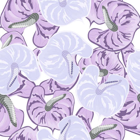 Creative lilac anthurium flowers seamless pattern. Trendy exotic hawaiian plants backdrop. Abstract tropical botanical wallpaper. Design for fabric, textile, surface, wrapping paperのイラスト素材