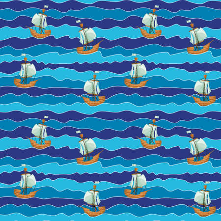 Ship on wave seamless pattern. Boat in ocean background. Kids abstract sea waves endless wallpaper. Design for fabric, textile print, surface, wrapping paper, cover. Kids vector illustrationのイラスト素材
