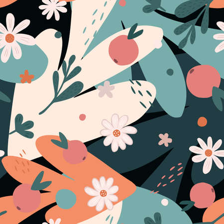 Doodle organic shapes seamless pattern. Cute tropical collages contemporary wallpaper. Flowers and...