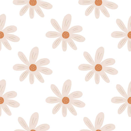 Geometric ditsy flowers seamless pattern isolated on white background. Pretty botanical backdrop. Simple chamomile print. Floral ornament.Design for fabric, textile print, surface, wrapping, cover.のイラスト素材