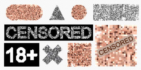 Set of censored blur effect symbol. Censorship pixel elements of various types. Nude skin pixelized....