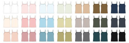 Set of sleeveless tank top technical sketch. Children girl outline t shirt underwear collection. Back and front view. CAD design. vector illustrationのイラスト素材