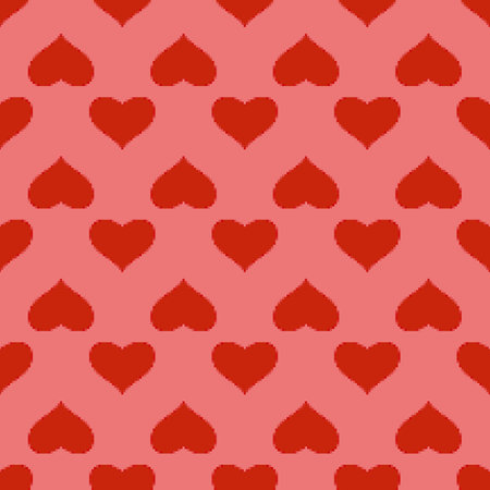 Red heart seamless pattern in pixel art style. pink background. 8 bit wallpaper. Valentine's Day backdrop. Creative design for fabric, textile print, wrapping, cover, banner Vector illustrationのイラスト素材