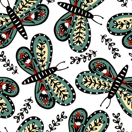 Butterflies, flowers and leaves seamless pattern. Hand drawn butterfly wallpaper. Cute flying insect print. Folklore style. Animal folk motif. Design for fabric, textile, wrapping paperのイラスト素材