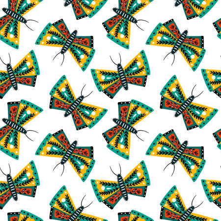 Butterfly and flowers endless wallpaper. Hand drawn butterflies seamless pattern. flying insect print. Animal folklore motif. Folk style design for fabric, textile, wrapping. vector illustrationのイラスト素材