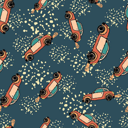 Cute sport car seamless pattern. transport wallpaper. Kids hand drawn automobile background. Doodle style. Design for fabric, textile print, wrapping, cover. vector illustrationのイラスト素材