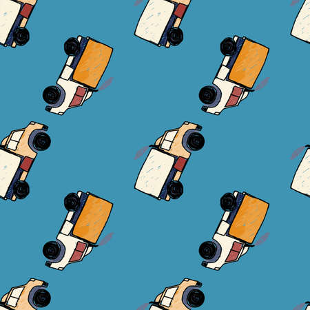 Cute truck car seamless pattern. Kids hand drawn automobile background. transport wallpaper. Doodle style. Design for fabric, textile print, wrapping, cover. vector illustrationのイラスト素材