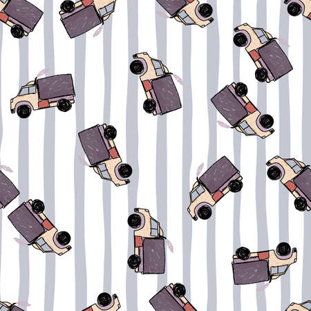 Cute truck car seamless pattern. Kids hand drawn automobile background. transport wallpaper. Doodle style. Design for fabric, textile print, wrapping, cover. vector illustrationのイラスト素材