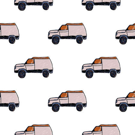 Cute SUV car seamless pattern. Kids hand drawn automobile background. Doodle boy transport wallpaper. Design for fabric, textile print, wrapping, cover. vector illustrationのイラスト素材