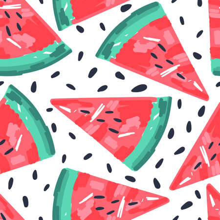 Seamless pattern with watermelons. Hand drawn watermelon slices and seeds endless wallpaper. Cute...