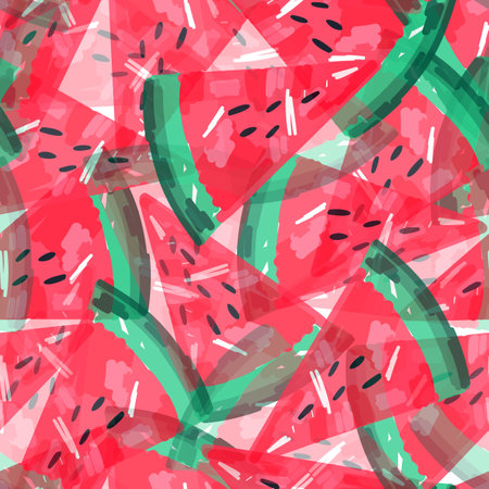 Seamless pattern with transparent watermelons. Hand drawn watermelon slices endless wallpaper. Cute...