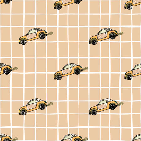 Cute sport car seamless pattern. transport wallpaper. Kids hand drawn automobile background. Doodle style. Design for fabric, textile print, wrapping, cover. vector illustrationのイラスト素材