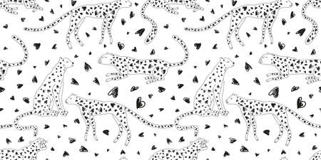 Hand drawn cute leopard and hearts seamless pattern. Doodle cheetah endless wallpaper. Design for fabric, textile, wrapping, illustrationのイラスト素材