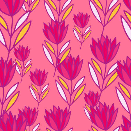 Beautiful flower seamless pattern. Simple outline floral wallpaper. Cute plants endless wallpaper. Design for fabric, textile print, wrapping, cover. vector illustrationのイラスト素材