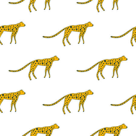 Hand drawn cute leopard seamless pattern. Doodle cheetah endless wallpaper. wild animal background. Design for fabric, textile, wrapping, illustrationのイラスト素材