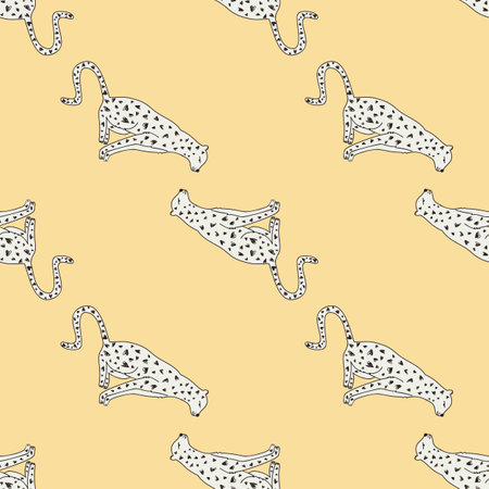 Doodle cheetah seamless pattern. Hand drawn cute leopard wallpaper. wild animal background. Design for fabric, textile, wrapping, illustrationのイラスト素材