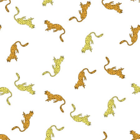 Decorative seamless pattern with doodle cute leopard. Hand drawn cheetah endless wallpaper. wild animal background. Design for fabric, textile, wrapping, illustrationのイラスト素材
