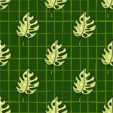 Scribble monstera leaves tropical seamless pattern. Hand drawn exotic hawaiian jungle backdrop. rainforest background. Design for fabric, surface, textile print, wrapping, coverのイラスト素材