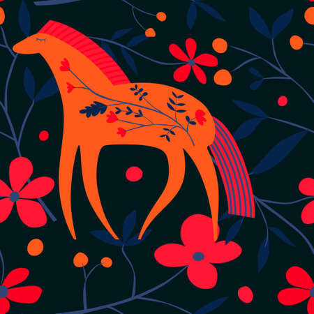Horse and flowers seamless pattern in folk style. Design for fabric, textile print, wrapping paper, cover. vector illustrationのイラスト素材