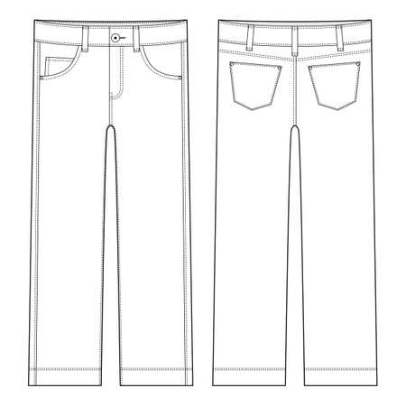 Children's classical jeans technical sketch. Denim casual clothes. front and back. CAD fashion vector illustrationのイラスト素材