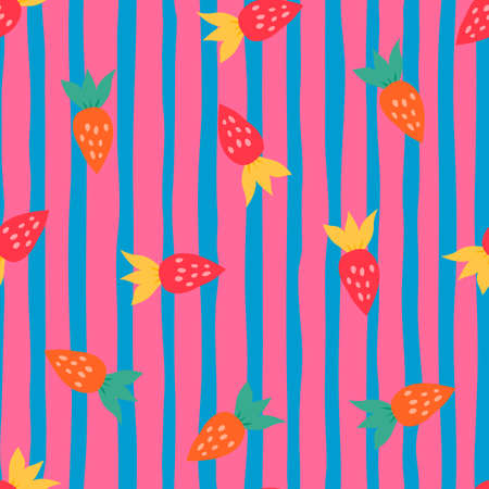 Simple strawberry seamless pattern. Hand drawn strawberry wallpaper. Fruit backdrop. Design for fabric, textile print, wrapping paper, kitchen textiles, cover. vector illustrationのイラスト素材