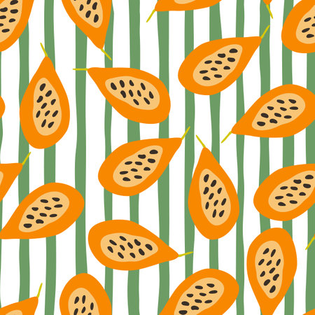 seamless pattern with papayas. Papaya ornament background. Fruit backdrop. Design for fabric, textile print, wrapping paper, kitchen textiles, cover. vector illustrationのイラスト素材