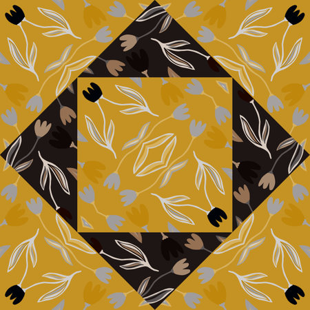 Hand drawn flowers mosaic seamless pattern. Vintage floral ornament. Abstract botanical backdrop. Retro design for fabric, textile print, surface, wrapping, cover. vector illustrationのイラスト素材