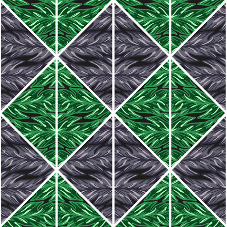 Creative leaves shape mosaic seamless pattern. Geometric botanical foliage endless wallpaper. Palm...